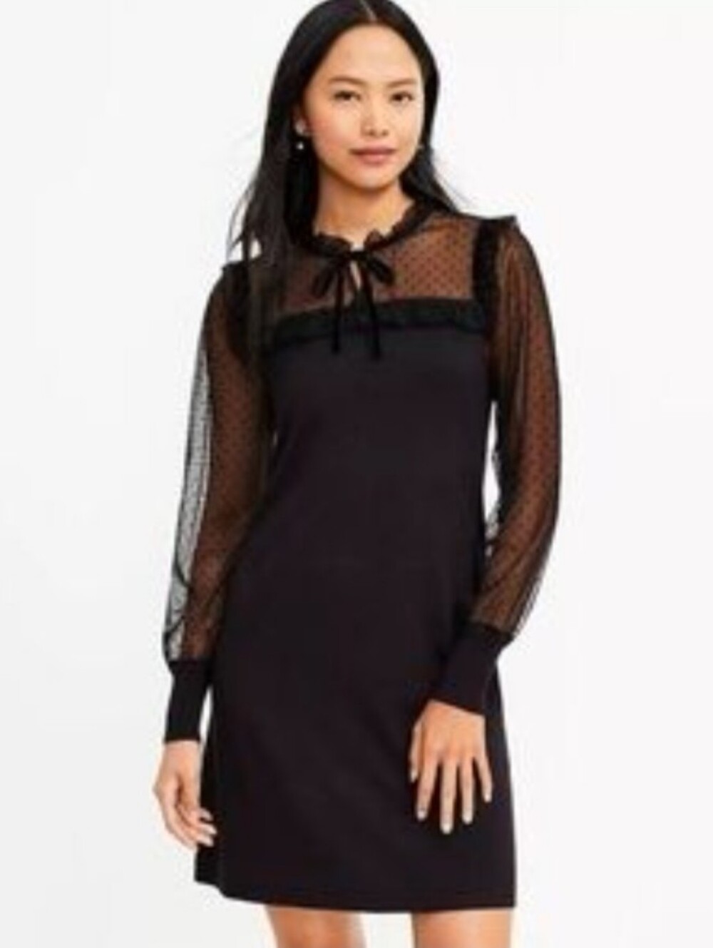 LOFT black dress with long sheer velvet polka dot sleeves and a bow neckline